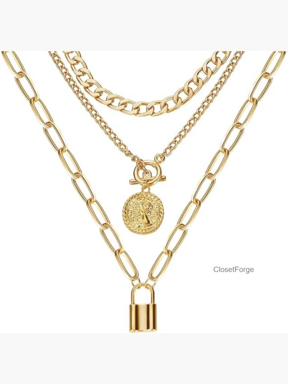 Chunky Layered Necklaces Set, Coin Pendants, Three Chain Necklaces, Gold